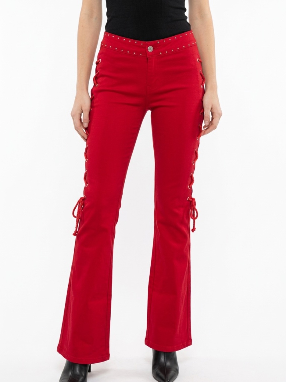 JW MAXX • Red Lace Up Cutout Flare Pants Rhinestone Y2K Clubwear XL